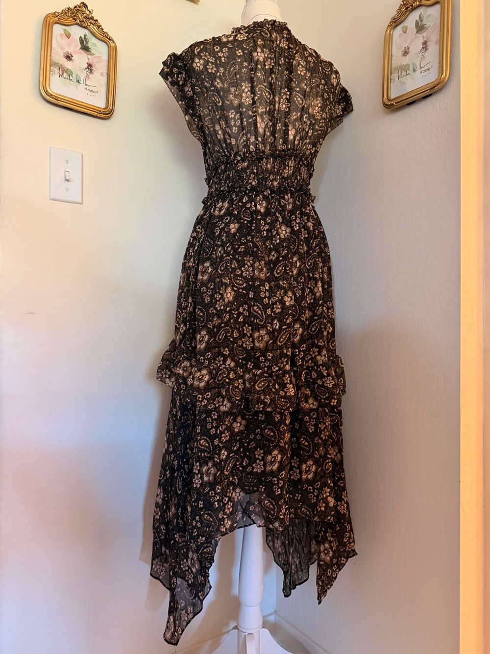 Ulla Johnson Black Floral Asymmetrical Midi Dress 100% Silk - Picture 4 of 12